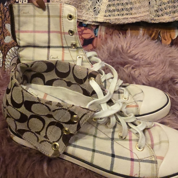 Coach Shoes - Coach Women's Plaid High-Top Sneakers - Cream and Brown